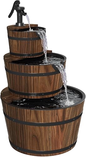 Aoxun 3-Tier Outdoor Water Fountain | Wood Barrel Cascading with Electric Decorative Hand Pump, Rustic Waterfall Fountain for Garden, Backyard, Patio, Porch, Yard
