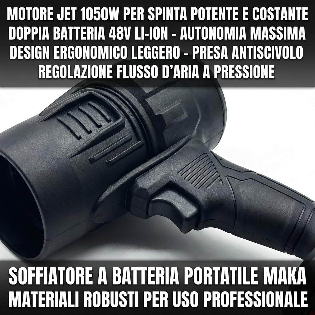 MAKA Soffiatore a Batteria Professionale 1050W, Soffiatore Foglie con Doppia Batteria 48V, Motore Jet Super Potente per Giardino e Terrazze, Design Leggero con Valigetta e Velocità Regolabile (A)