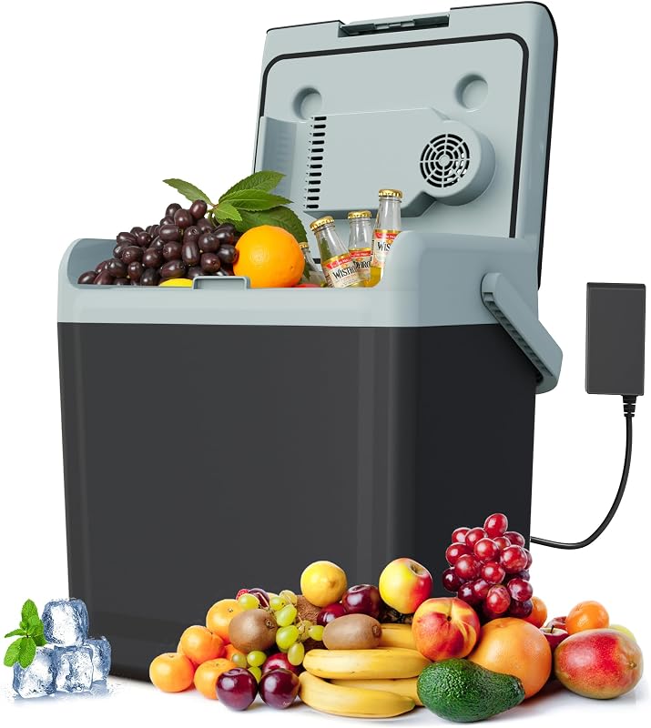 Electric Cooler 25QT Portable Thermoelectric Car Refrigerator | with Handle Dual Cooling & Heating 12V Mini Fridge with Wind-Cooling System, Plug-in Cooler for Car, Truck, Black