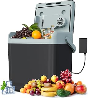 SUNVIVI Electric Cooler & Warmer with Handle, 25QT Portable Thermoelectric Car Refrigerator, Dual Cooling & Heating 12V Mini Fridge with Wind-Cooling System, Plug-in Cooler for Car, Truck, Black