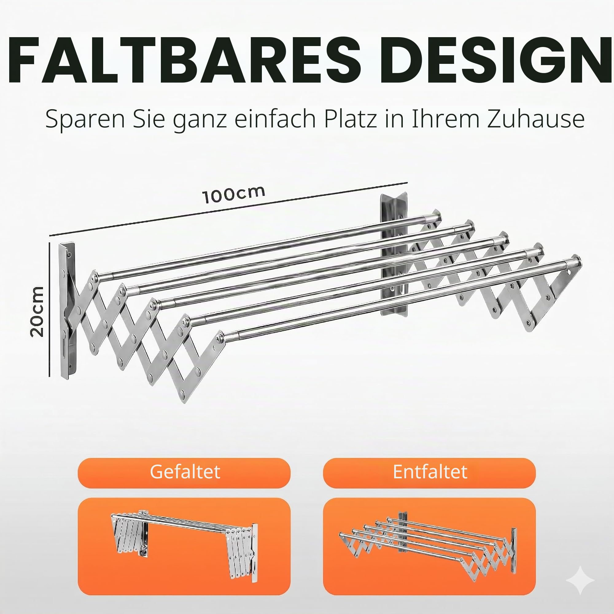 JUPPLIES Wand-Wäscheständer Ausziehbar 100 cm – Klappbarer Wäscheständer zur Wandmontage Innen & Außen – 5 Edelstahlstangen, Einfache Montage, Inklusive Wäscheklammern