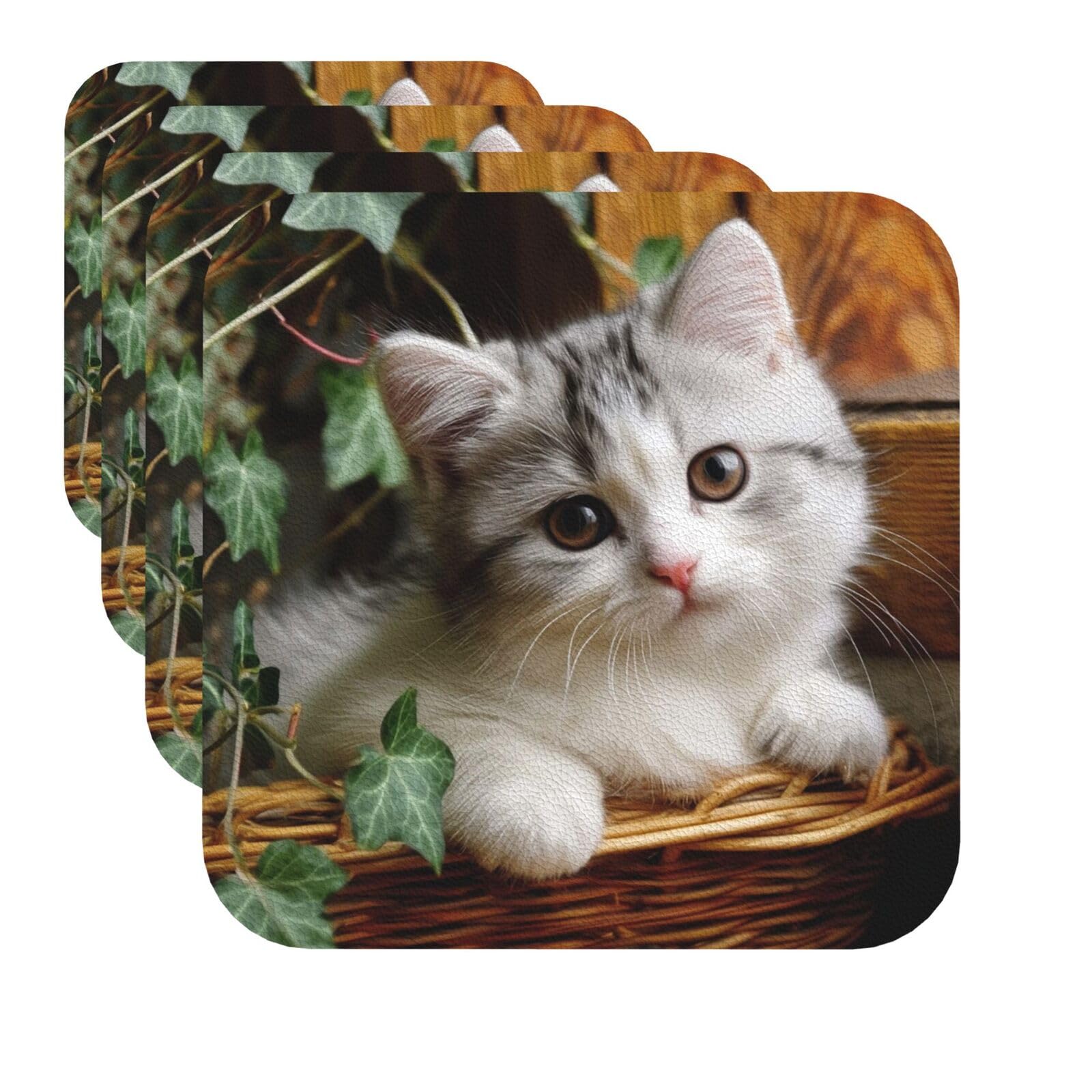 Drink Coasters Set of 4 Quick-Dry Leather Coaster Cat Coasters for Drinks Coffee Cup Mat Tabletop Protection Heat Resistant Coaster for Kitchen Bar Office Home Decor