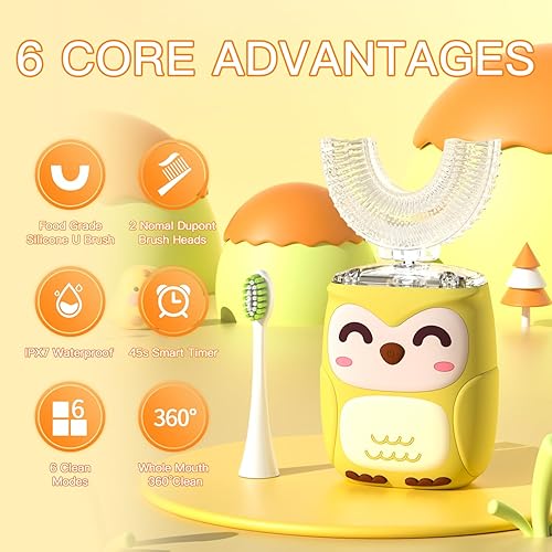 Miniatura 2 de Cepillo de dientes eléctrico en forma de U para niños, cepillo de dientes para niños pequeños con 2 cabezales de cepillo en forma de U, 2 reemplazos