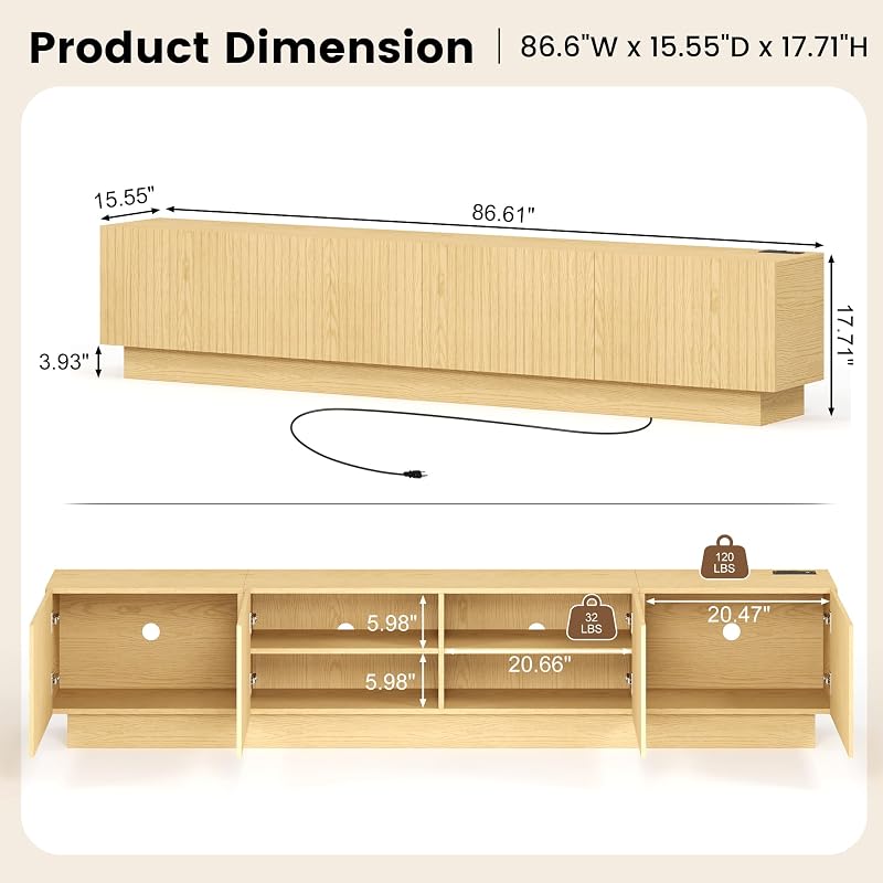 86.6” Fluted TV Stand with LED & Charging Station, Oak image 2