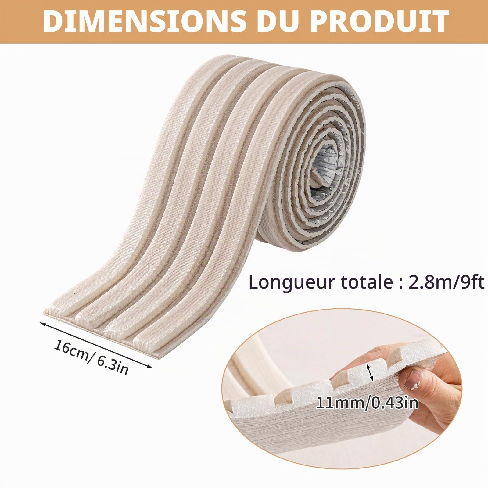 Panneaux muraux rembourrés, 11 mm d'épaisseur, anti-collision autocollant, coussin en mousse souple 3D, protection des bords muraux, protection murale, 16 cm x 2,8 m (grain)
