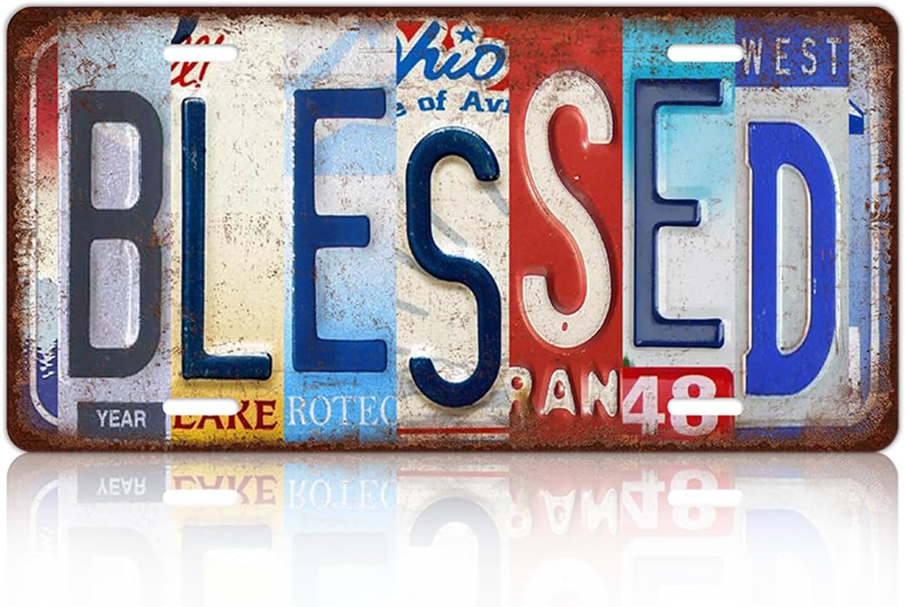 Vintage Blessed License Plate Wall Decor Metal Tin Sign for Home Bar Garage 12 x 6 Inches