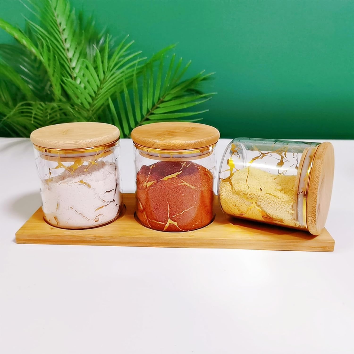 Kuber Industries Borosilicate Glass Containers with Bamboo Lid and Tray|Kitchen Organizer Items and Storage|Multipurpose Airtight Containers|3 Pieces Kitchen Containers Set-850ml Each