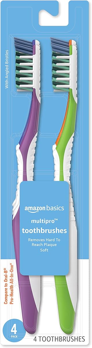 Amazon Basics MultiPro Toothbrushes with Angled Bristles, Soft, 4 Count, Pack of 1