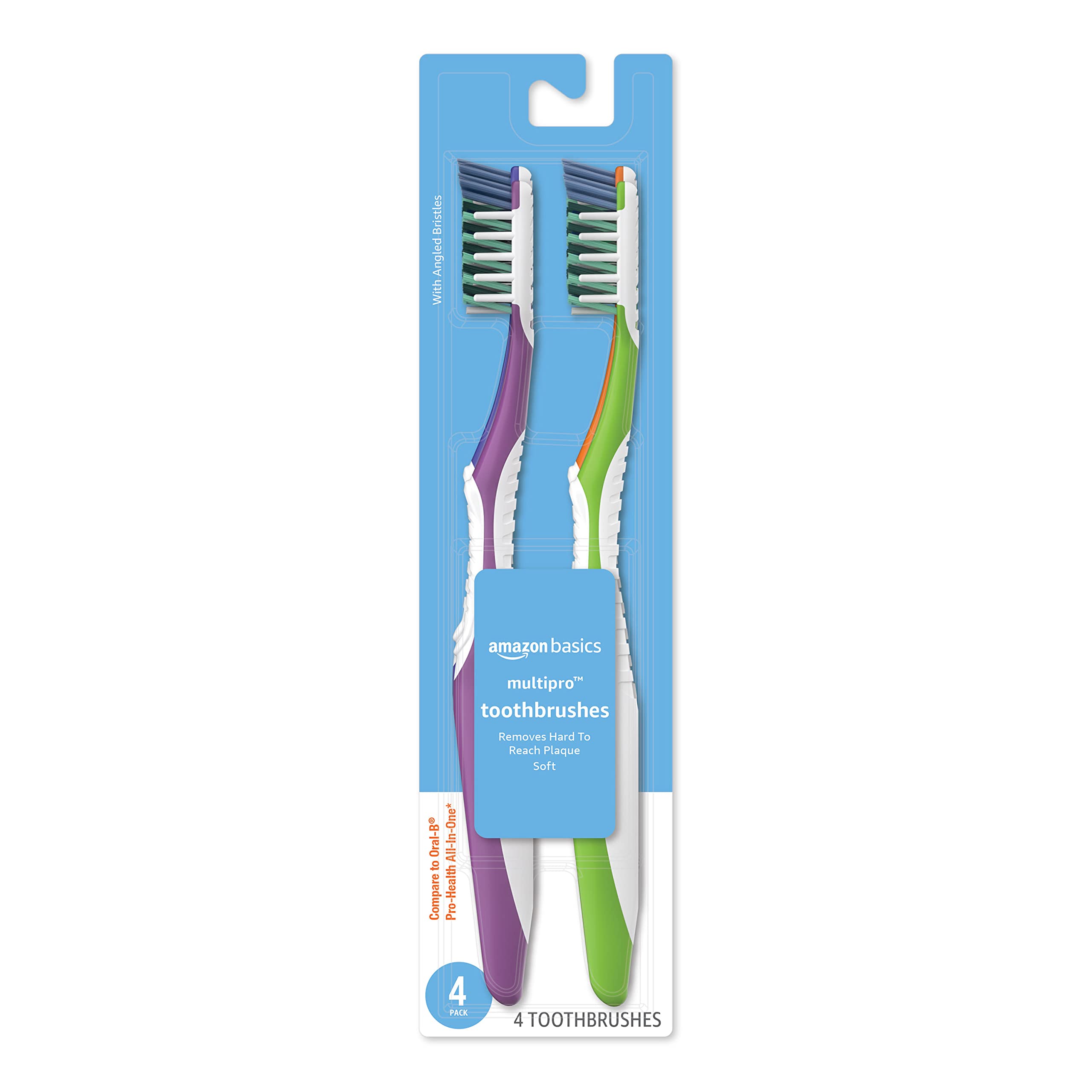 Amazon Basics MultiPro Toothbrushes with Angled Bristles, Soft, 4 Count, Pack of 1