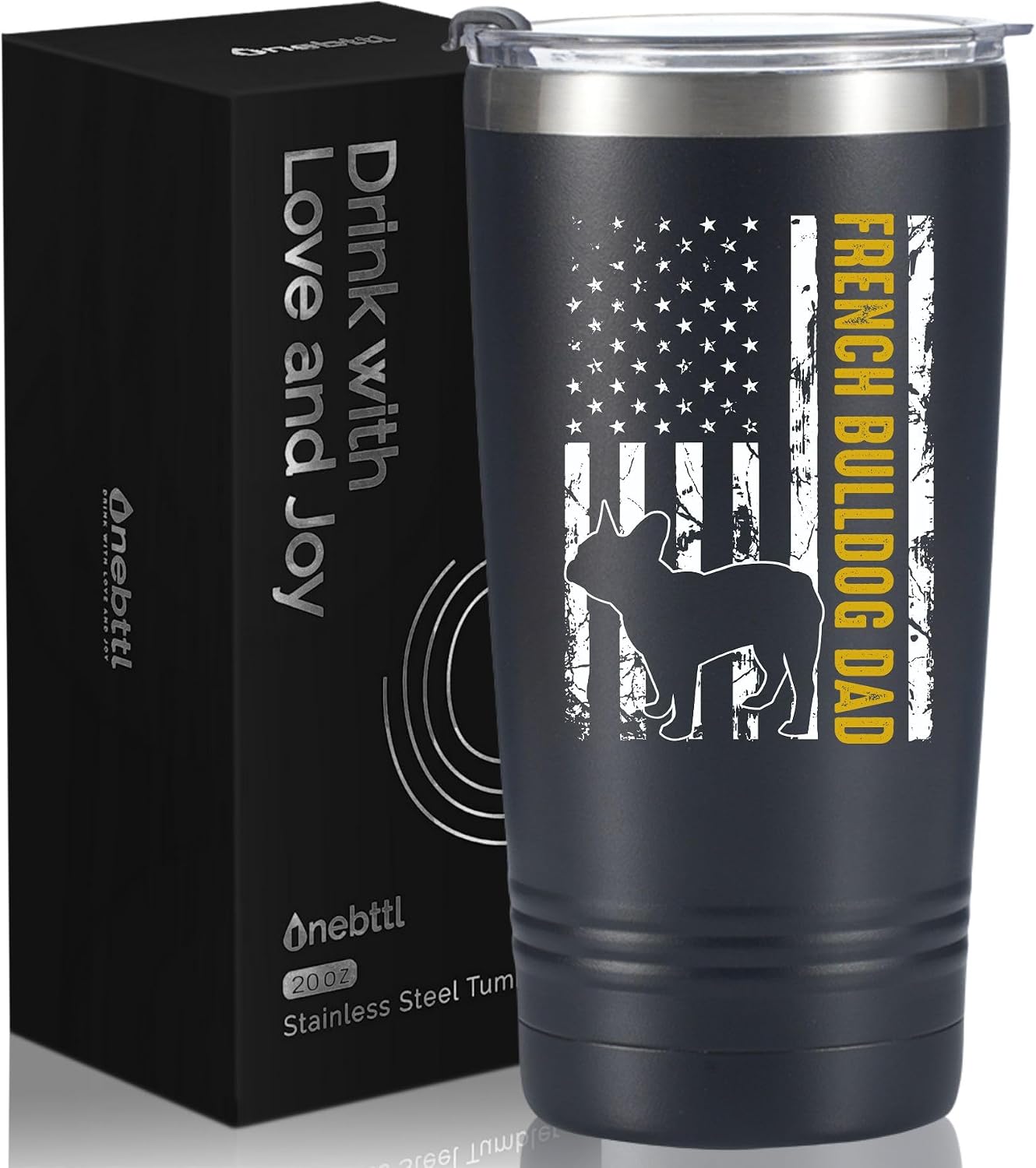 Onebttl French Bulldog Gifts, Frenchie Dad Gifts for Men, 20oz Black Stainless Steel Insulated Travel Tumbler, Flag