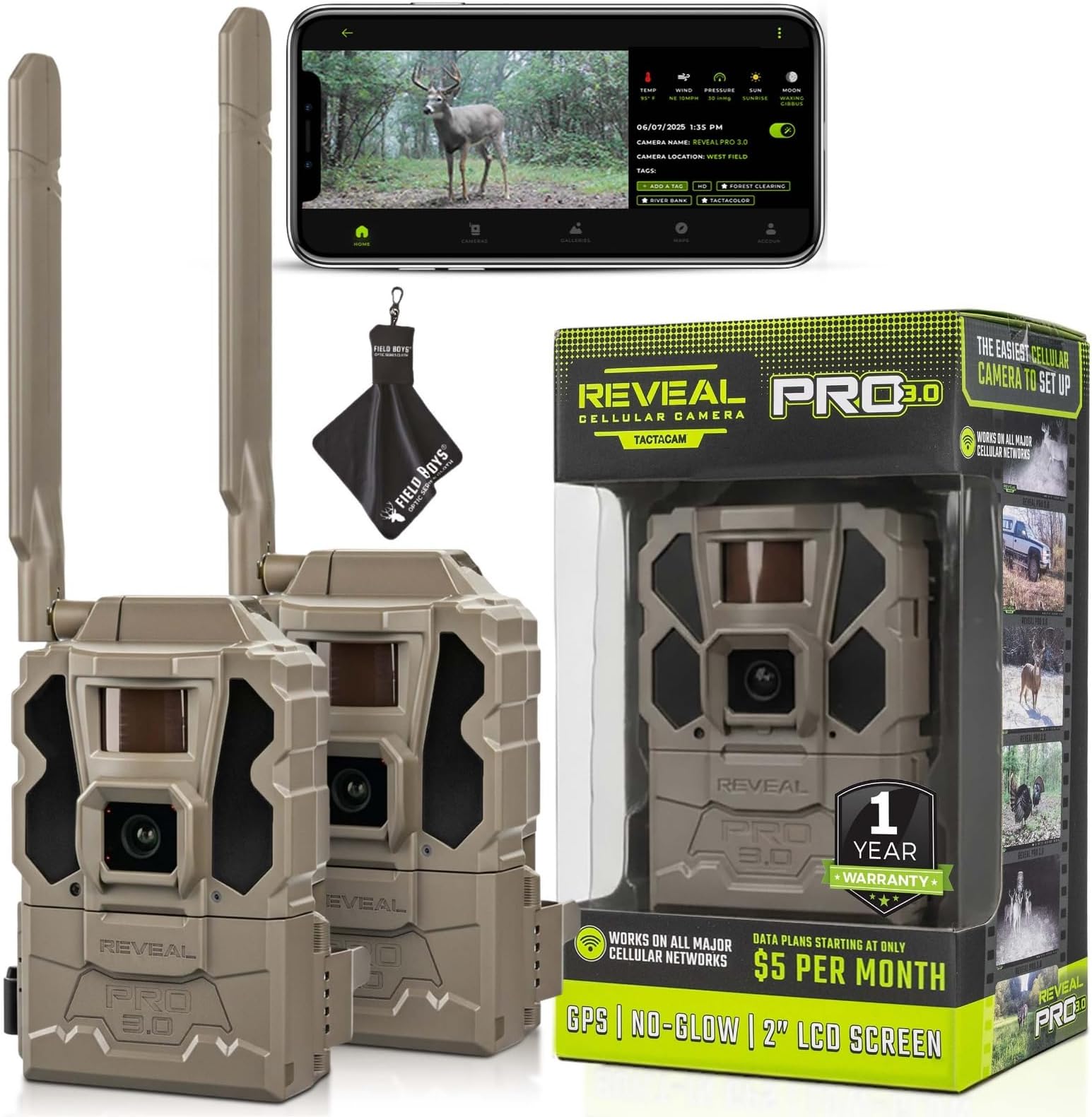 Reveal Pro 3.0 Cellular Trail Camera - Multi-Cellular Network, GPS, 2" LCD, No-Glow IR, Wi-Fi Enabled, HD Photos & 1080p Videos, Fast Trigger with Cleaning Cloth (2PK)