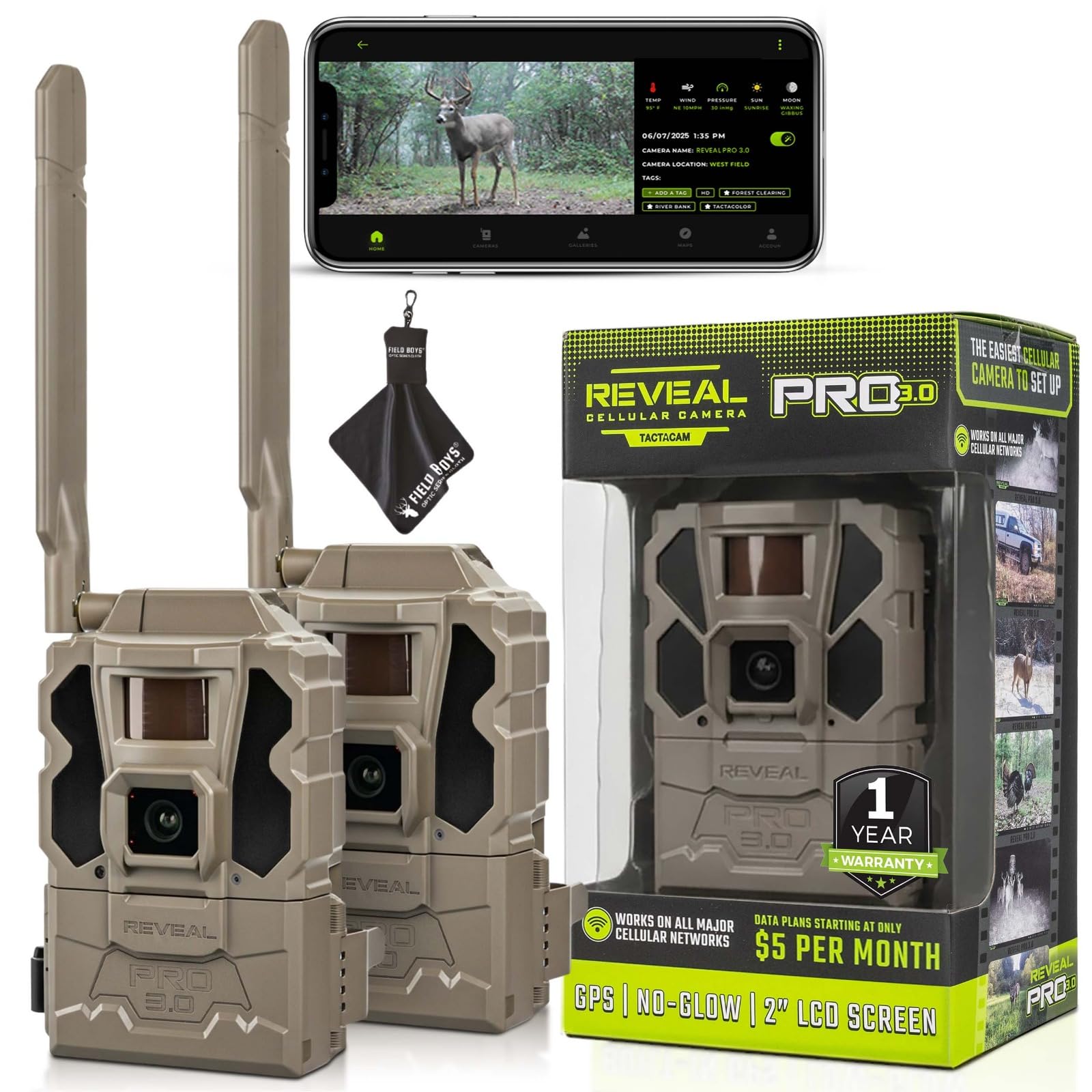 Reveal Pro 3.0 Cellular Trail Camera - Multi-Cellular Network, GPS, 2" LCD, No-Glow IR, Wi-Fi Enabled, HD Photos & 1080p Videos, Fast Trigger with Cleaning Cloth (2PK)