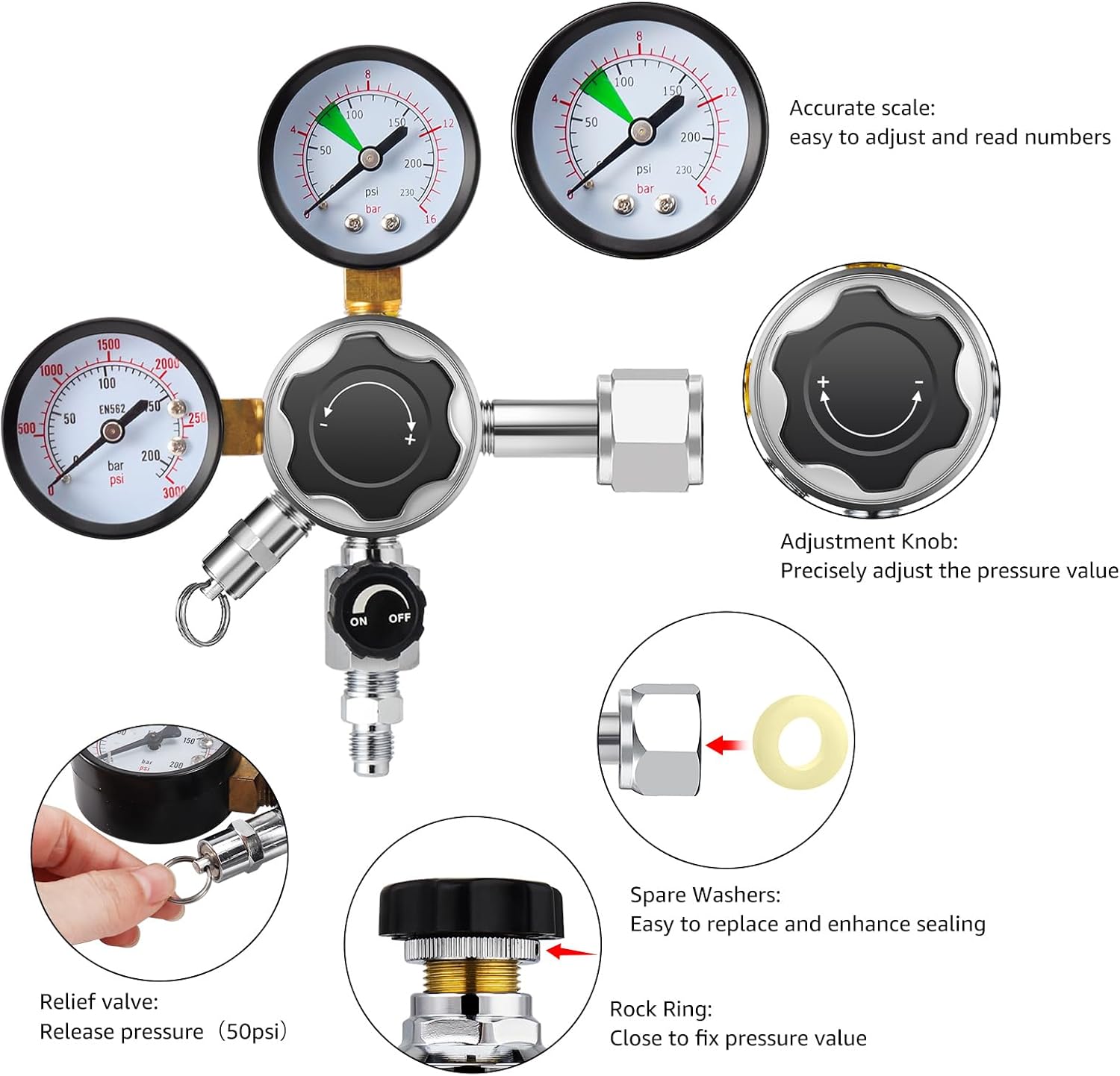 MRbrew Beer Keg Regulator 0-120 PSI CO2 Regulator, Quick Disconnect CO2 Kegerator Regulator, Beer Regulator with Safety Pressure Relief Valve, Gas Regulator with 2 Swivel Nut & 1/4’’ & 5/16’’ Barb