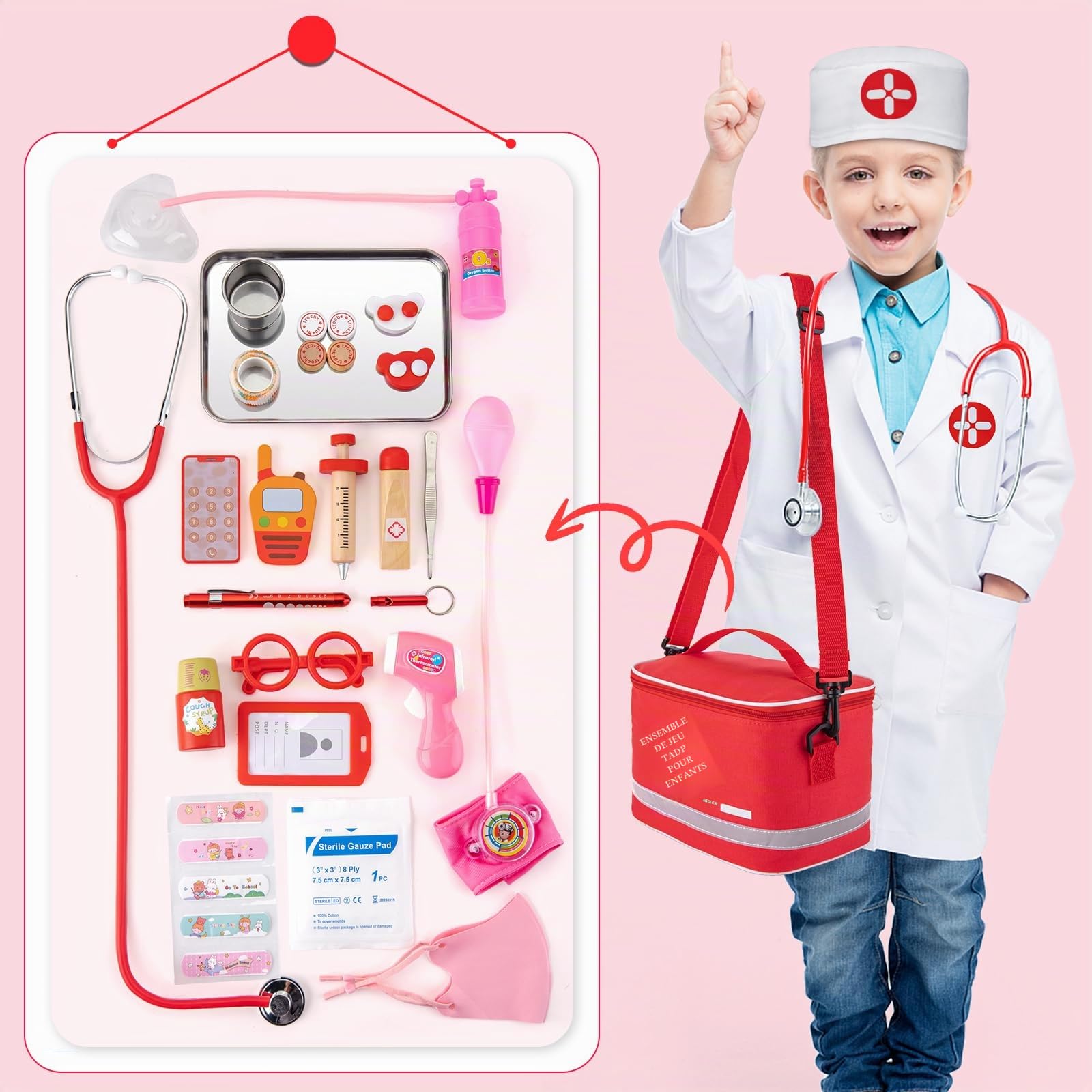 EFO SHM Malette Docteur Enfant Kit de Médecin Jouets Déguisement de Docteur Accessoires en Bois avec Stéthoscope, Thermomètre, Jouet Enfant 3 Ans