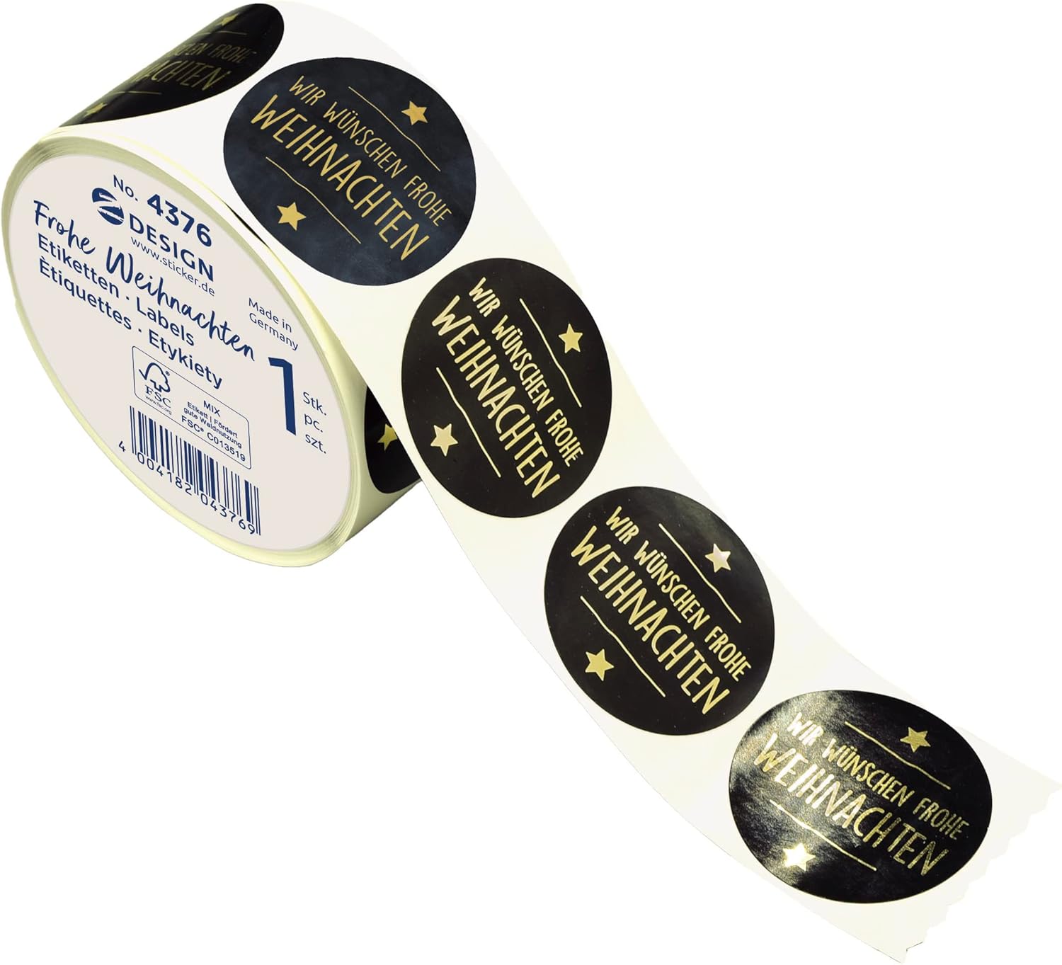 AVERY Zweckform 600 Stickers Merry Christmas (Made in Germany, Diameter 38 mm, Black Gift Stickers, Golden Lettering, Self-Adhesive Gift Decoration, Cards, Bags, Vouchers) Stickers on Roll, 4376