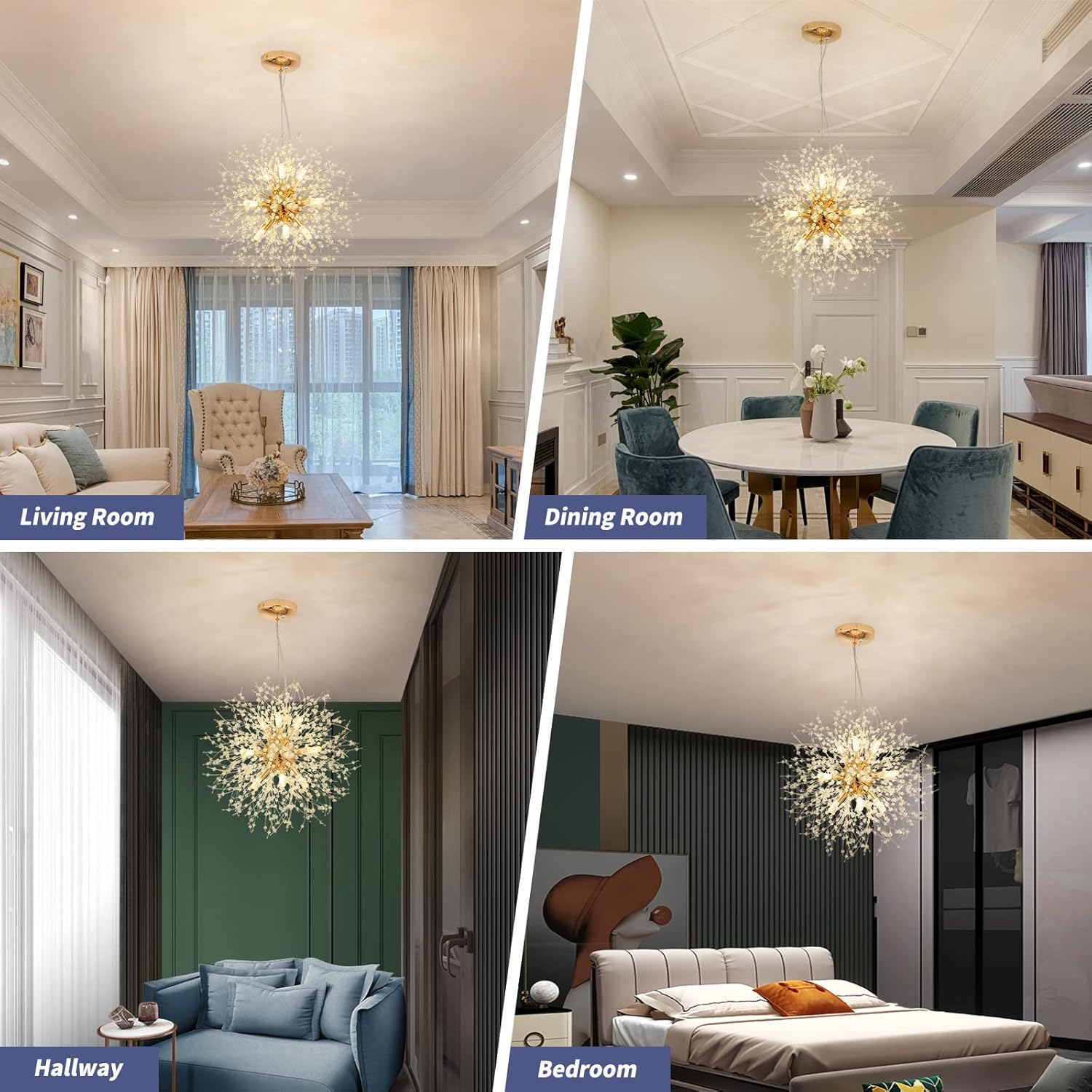 CM MZY Modern Crystal Chandeliers Firework, 9-Light Gold Dandelion Sputnik Ceiling Light Fixtures, Sputnik Chandelier Pendant Light for Bedroom Living Room Dining Room Kitchen Island Hallway