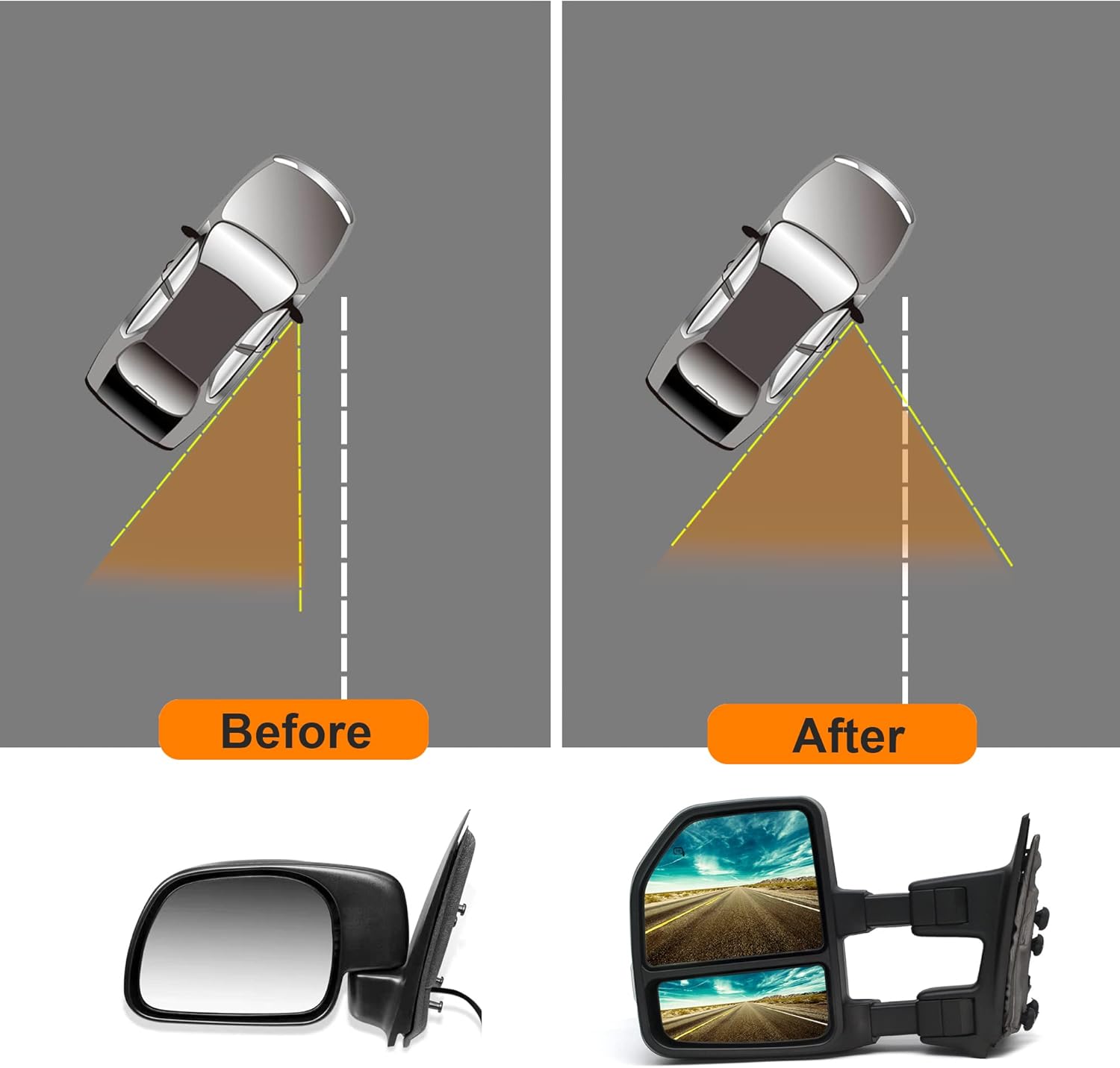 ReYee Towing Mirrors fit for 1999-2016 Ford F250 F350 F450 F550 Super Duty with Heated Power Turn Signal Light Temperature Sensor Manual Telescopic Auxiliary Lamp Chrome Cap LH RH