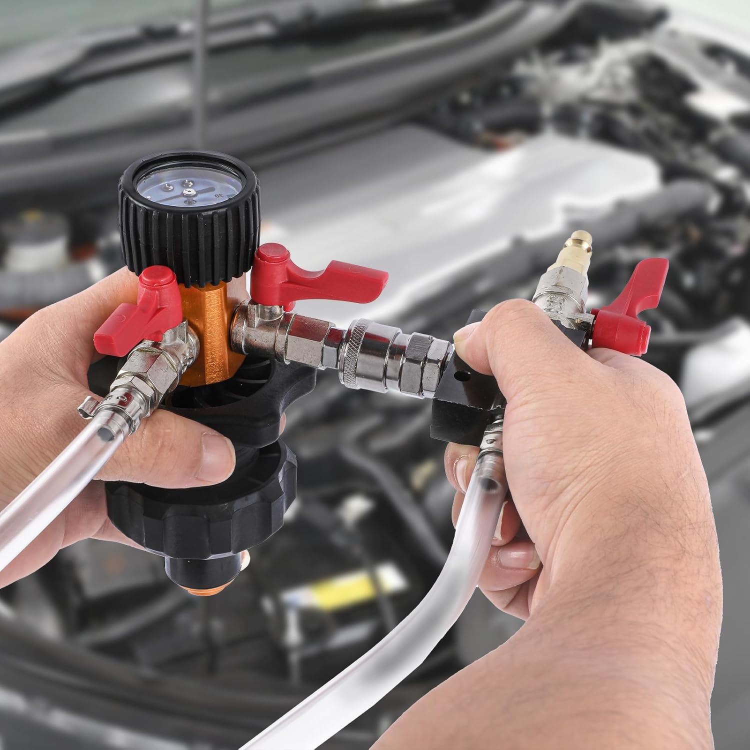 Coolant System Refiller Kit, Coolant Pressure Tester Kit with Pressure Gauge, Coolant Pressure Tester and Vacuum Refill Kit with 5 Sizes Adapters