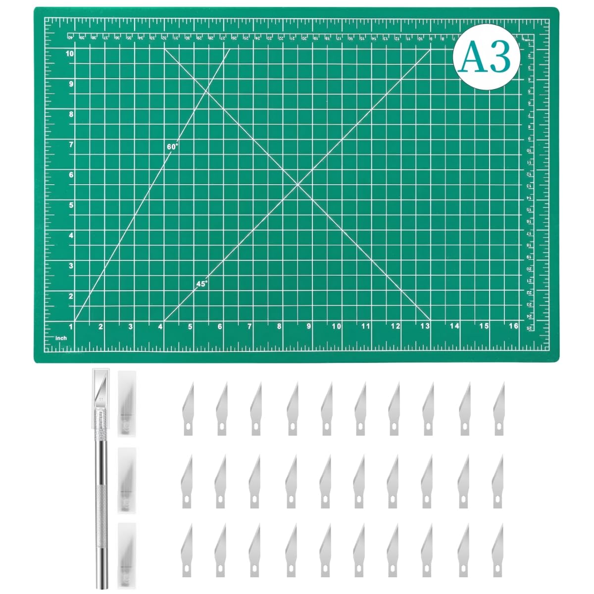 A3 Self Healing Cutting Mat for Crafts with 30 Pcs Art Knife Blades, Precision Carving Hobby Knife for DIY Art Modeling Scrapbooking Stencil