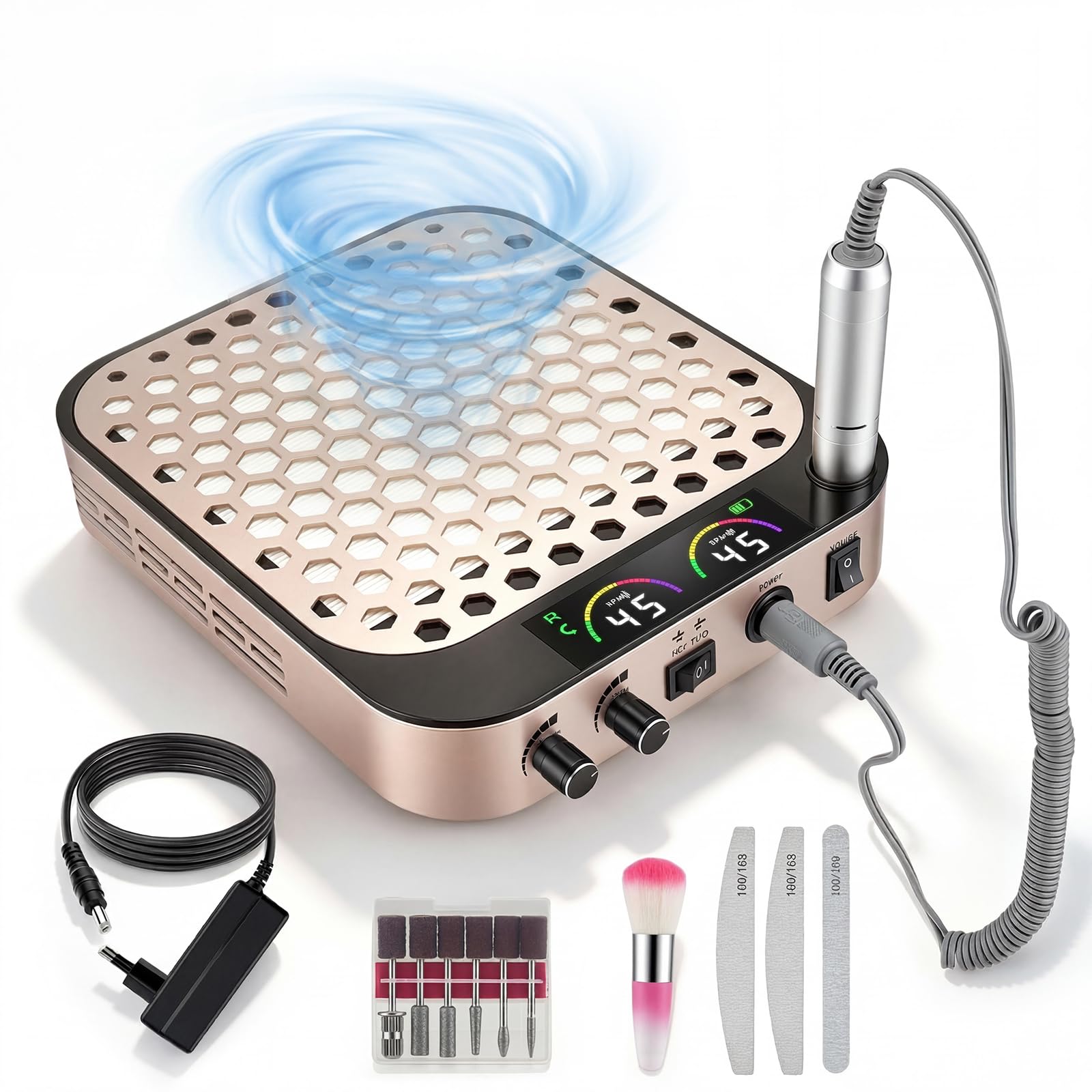 Aspirapolvere per unghie, aspirazione polvere wireless per unghie, tagliaunghie elettrica ricaricabile USB 45000PRM con display a LED, motore brushless, aspirapolvere silenzioso per unghie(Pink)