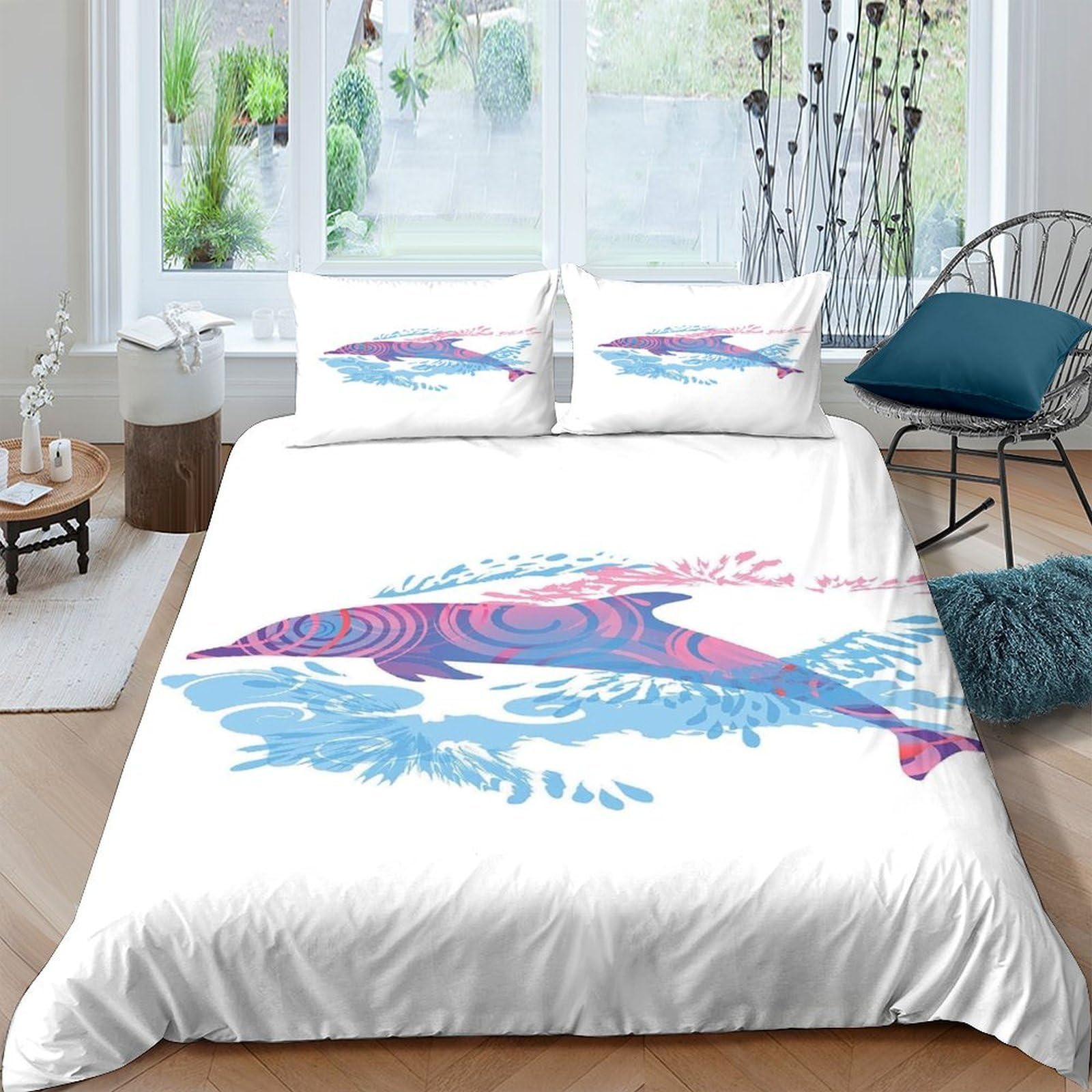 GPLZQXKJNH 3D Printed Dolphin Ocean Bedding Set Microfiber Soft Breathable Waves Duvet Cover with 2 Pillowcases for Home Bedroom Decor Single（135x200cm）