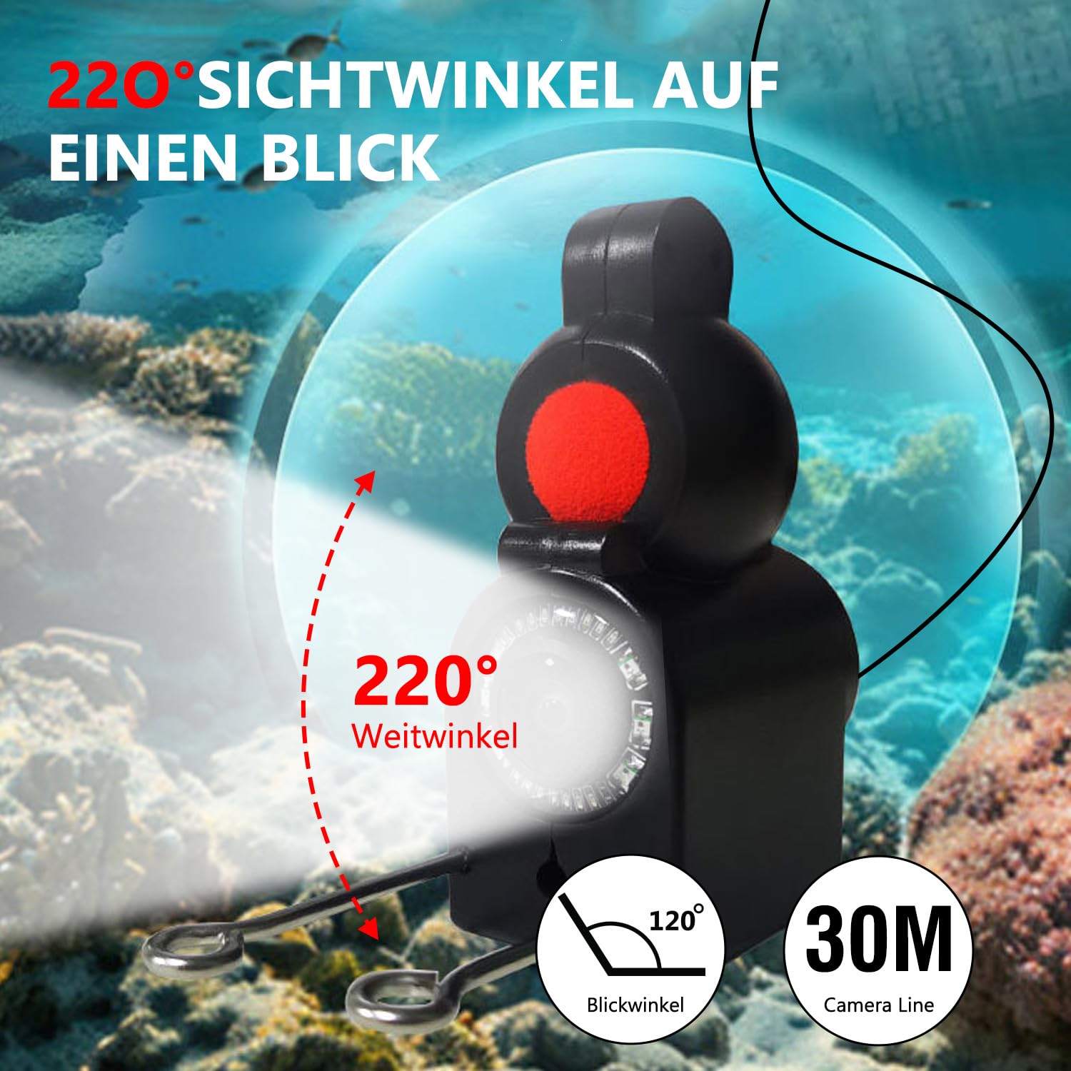 Cámara subacuática para pesca, buscador de peces, cámara con pantalla IPS de 4,3 pulgadas y cable de 30 m, resistente al agua, gran angular de 220°, visión nocturna, cámara de pesca subacuática para