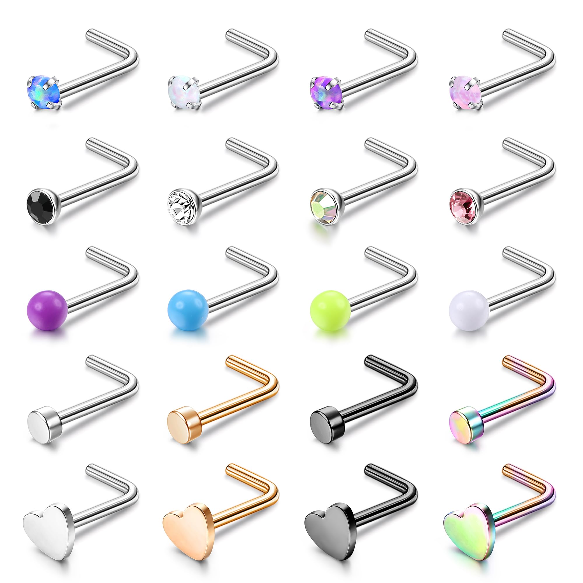 Chriscoco20G Piercing Nariz Acero Quirurgico Titanio Piercing Nariz Plata Tornillo Hueso en Forma de L Nariz Anillo Diamond CZ Ópalo Bola Plana Nariz Piercing Para Mujer Hombre