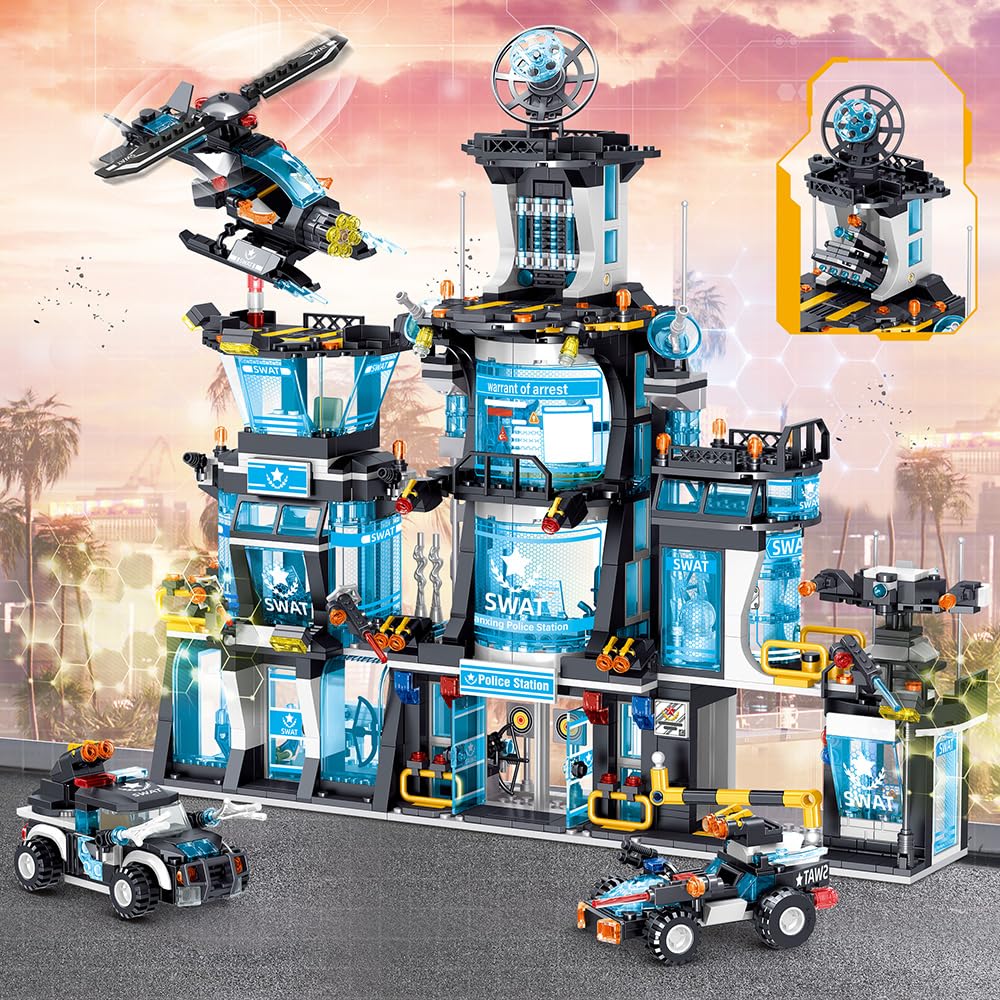 MindBox City Police Station Building Set with Police Car & Helicopter,1430pcs Building Block Toy for Boys 8-12
