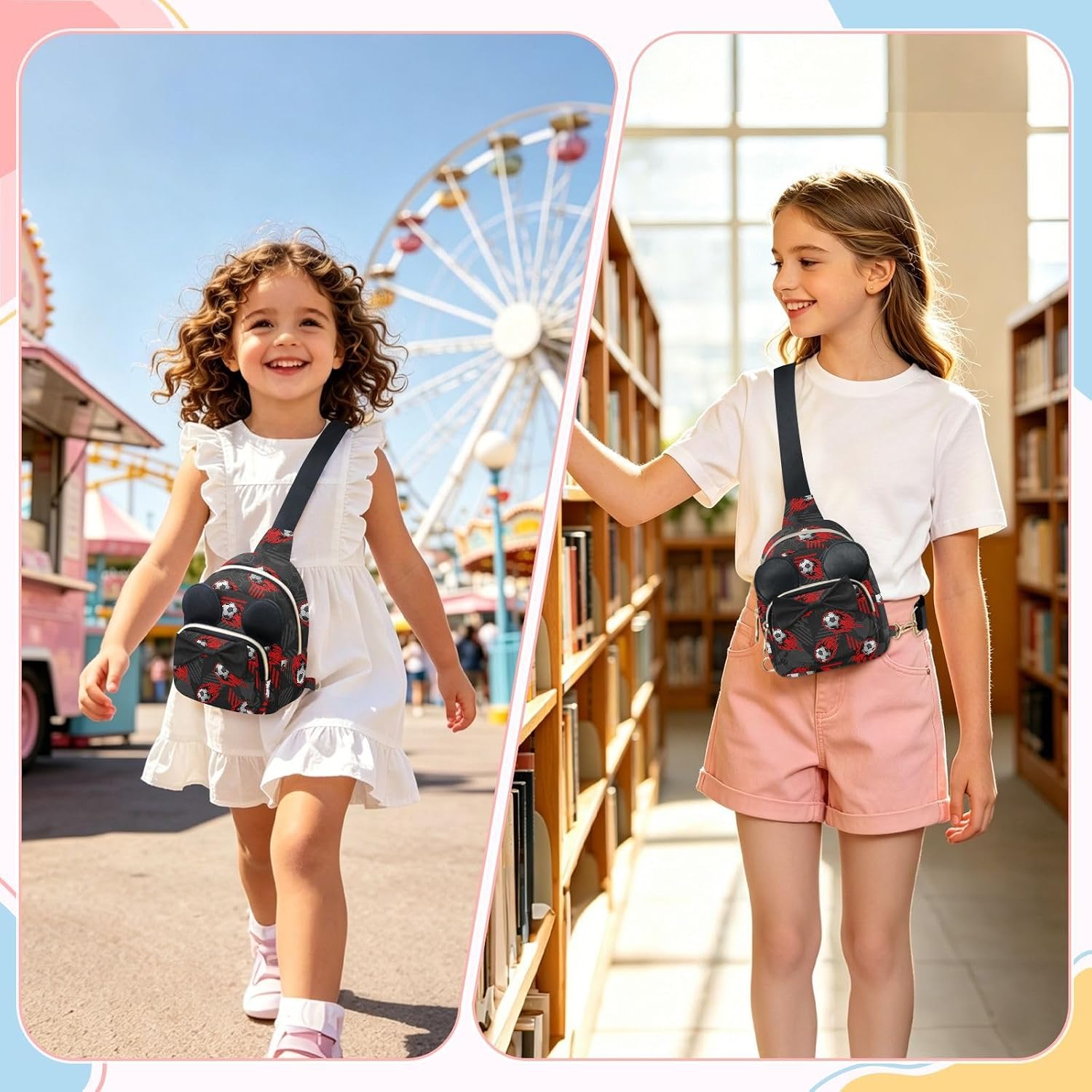 Sinestour Soccer Ball Kids Sling Bag for Girls, 3.1"x5.7"x7.5" | Crossbody Fanny Pack, Toddler Purse, Cute Sling Belt Bag with Ears, 2L Small Shoulder Chest Bag for Travel