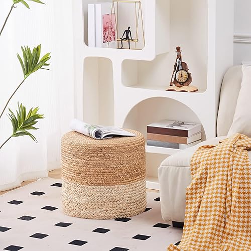 Miniatura 96 de Wimarsbon Puf otomano de 18 pulgadas, puf trenzado natural, puf rústico de tejido a mano, taburete reposapiés bohemio para dormitorio, mesa Cáscara
