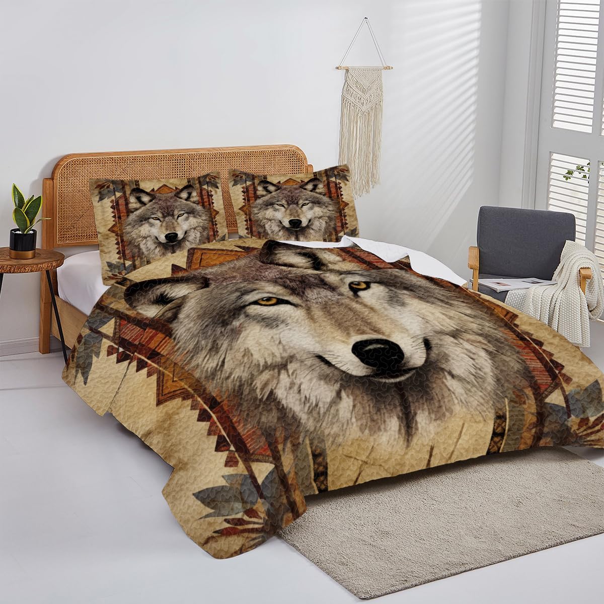 Personalized Wolf Queen Bedding - King Comforter Set With Unique Pattern - Native Quilt, Wolf Sheet Set