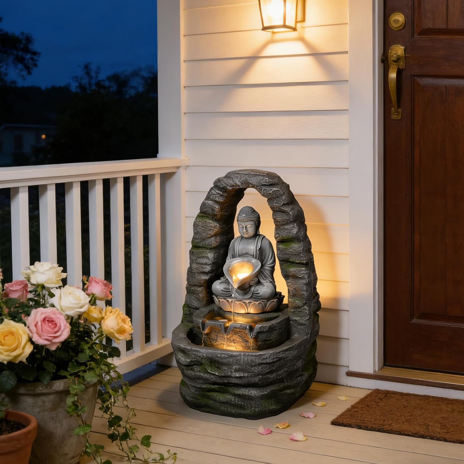 27.2" H Buddha Water Fountain Outdoor Zen Buddha Statue Outdoor Fountain with Lights, 3 Tier Waterfall Feature for Garden, Patio, Porch, Yard, Meditation Decor, Faux Stone Finish