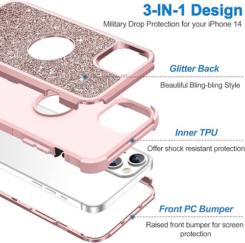 Miniatura 3 de Hython Funda protectora para iPhone 14, carcasa rígida híbrida a prueba de golpes, polvo y caídas, 3 capas de goma militar, para mujeres y niñas