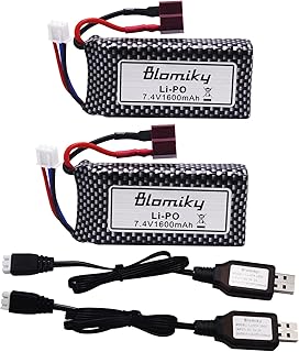 Blomiky 2 Pack 11.84Wh 7.4V 1600mAh Li-po Rechargeable Battery and Charge Cable Suitable for 9125 1/10 Scale 48KMH 4X4 Fast RC Truck Cars 25-DJ02 / 7.4V 1600mAh 2