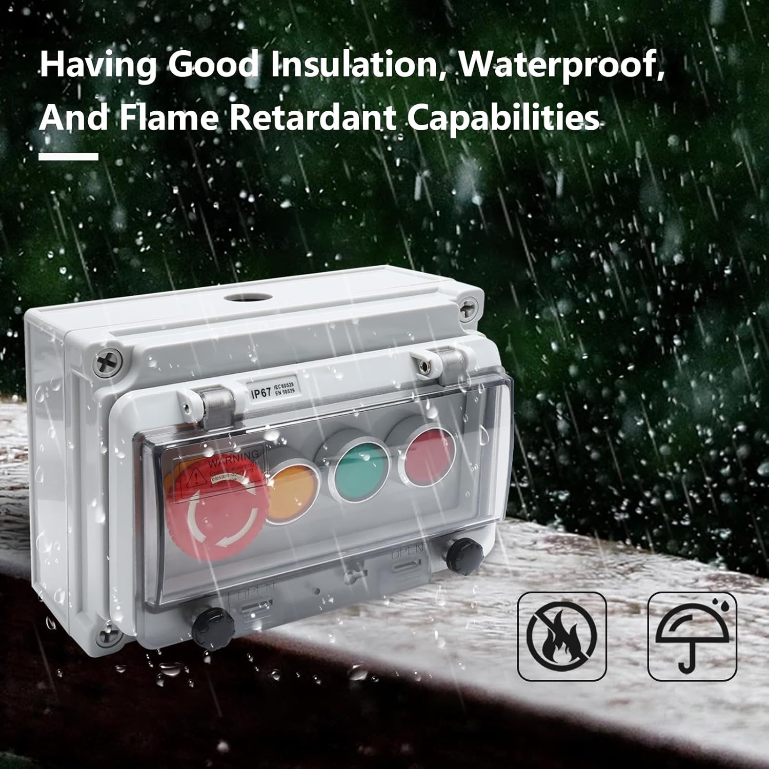 APIELE IP67 Outdoor Waterproof Box with Green/Red/Yellow Instantaneous Button Switch and Emergency Stop Switch, Anti-Misoperation Protective Cover