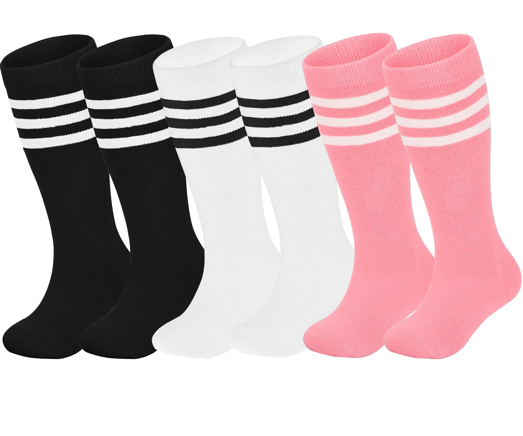 ENBAOHUI 3 Pack Toddler Soccer Socks - Boys &amp; Girls Knee High &amp; Tube Socks - Black, White, Pink - 7-11T
