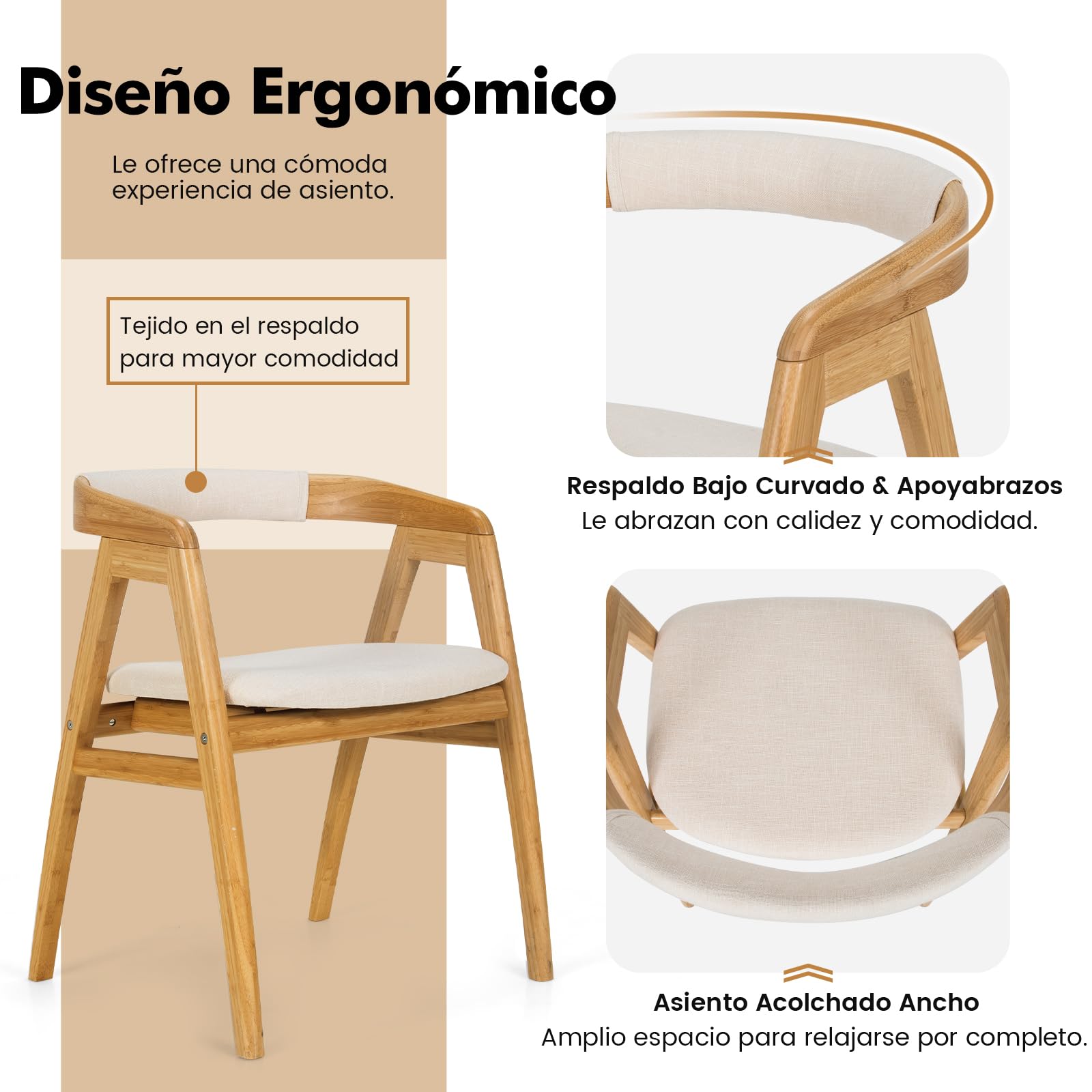 COSTWAY Silla Comedor de Bambú, Silla Tocador con Respaldo Curvo y Cojín, Sillas Salon Cocina Dormitorio, Natual, 57 x 54 x 73 cm