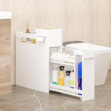 Slim Bathroom Floor Cabinet,Narrow&Compact Bathroom Storage Unit with Slide Out Shelf&Toilet Paper Storage, Freestanding Wooden Slimline Storage Cabinet with Wheels for Small Spaces Home Hallway,White