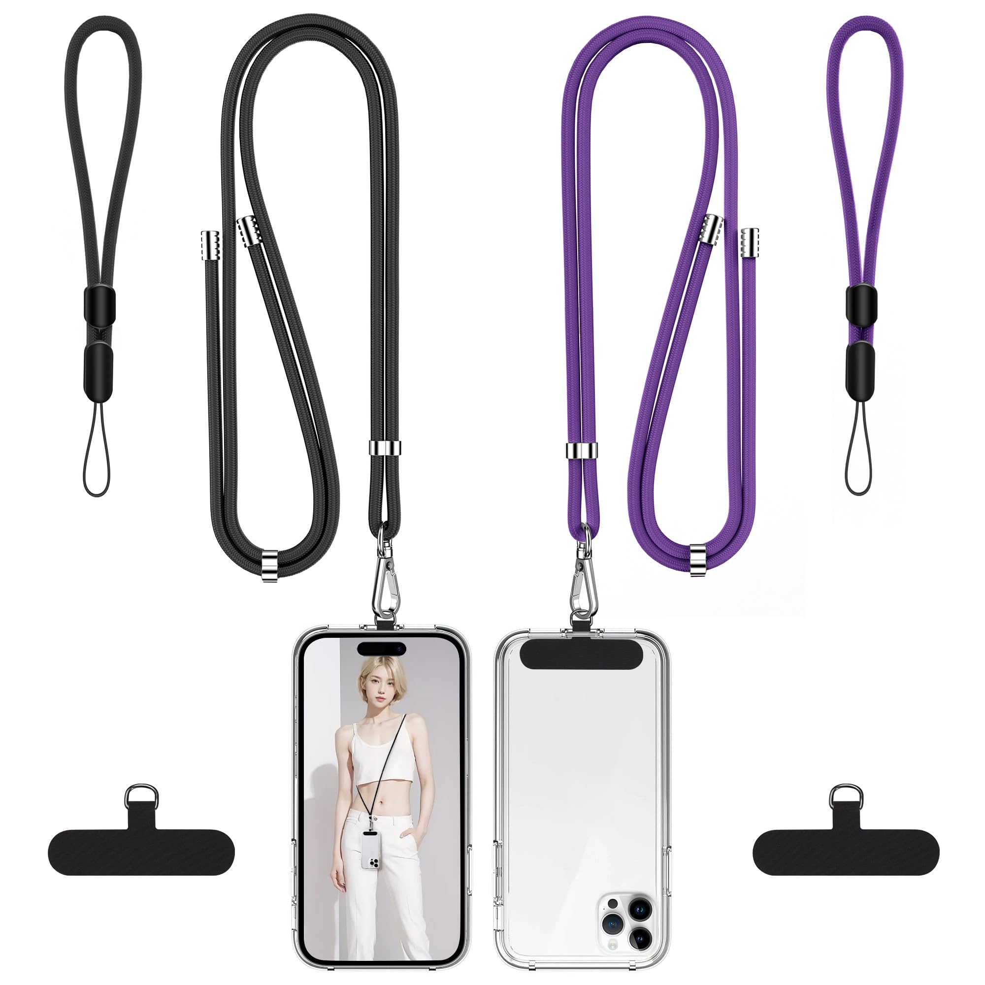takyu Phone Lanyard, 2 Pack Adjustable Cell Phone Lanyard Crossbody Neck Strap &amp; 2 Pack Wrist Strap with Tether Tabs Compatible for iPhone Android Smartphones- DarkPule Black