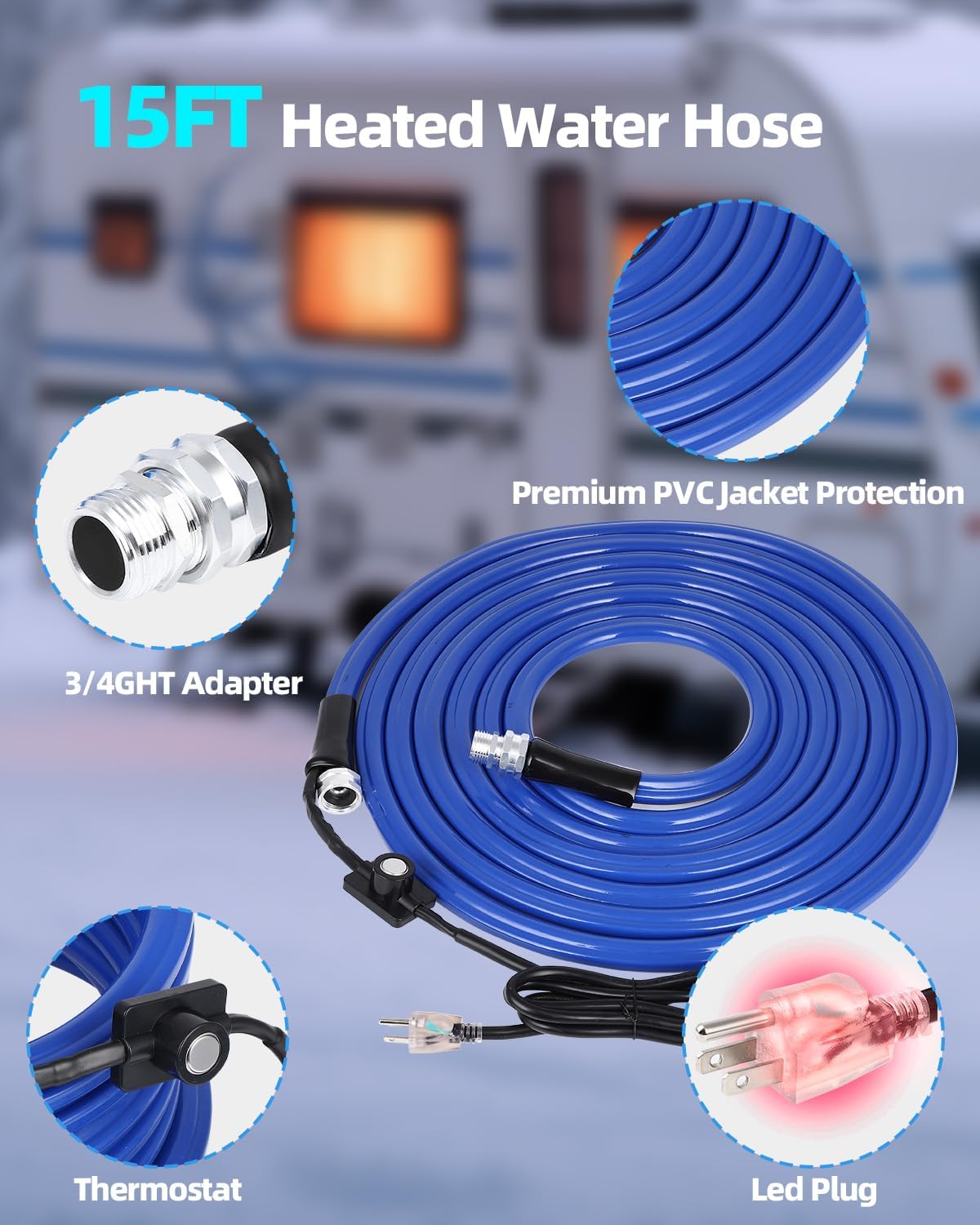 MIROZO 15FT RV Heated Water Hose,-40 ℉ Freeze Protection Heated Drinking Water Hose with Energy-Saving Thermostat,for RV,Garden,Home,Camper