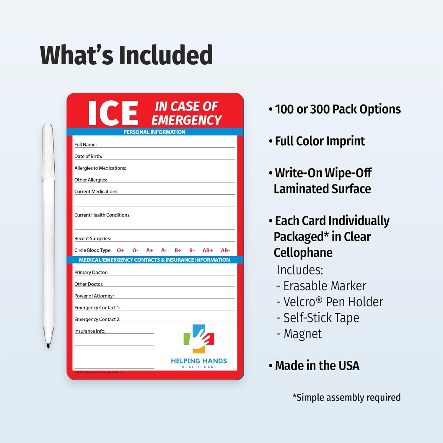 Safety Magnets by ZOCO – 300-Pack Custom ICE Medical Cards for Seniors – in Case of Emergency Fridge Magnet with Marker – Personalized Health Handout for Hospitals, Caregivers & EMTs – 5.25" x 8.5"