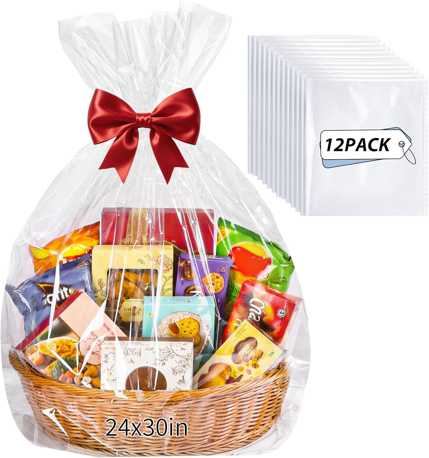 woric 12 Pcs Clear Cellophane Gift Bags 24x30 Inch Cellophane Wrap for Easter Gift Baskets Stuffers Large Basket Bags for Presents Stuffed Animal Candy Baby Bridal Shower