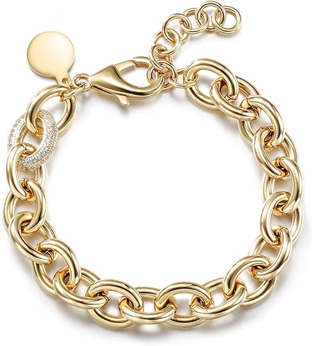 CIUNOFOR Pulseras de cadena de eslabones chapados en oro de 14 quilates para mujer, pulsera apilable con cuentas de plata delicada de 8.0 pulgadas,