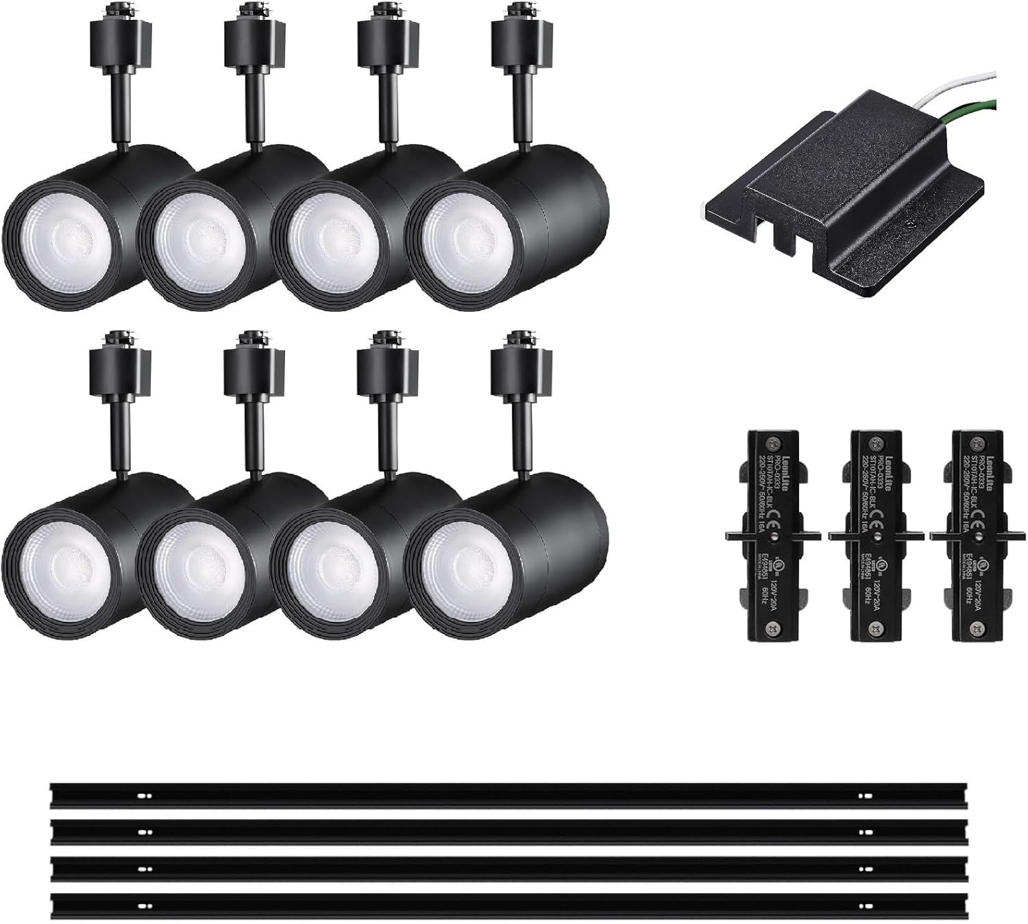 LEONLITE 17.5W 8 Lights LED Track Lighting Kit, (8) H Track Light Heads & 16FT Track Rail & (4) I Connectors & (4) Live End Feed Connector, ETL, CRI90, 36° H Track Light, 3000K Warm White, White