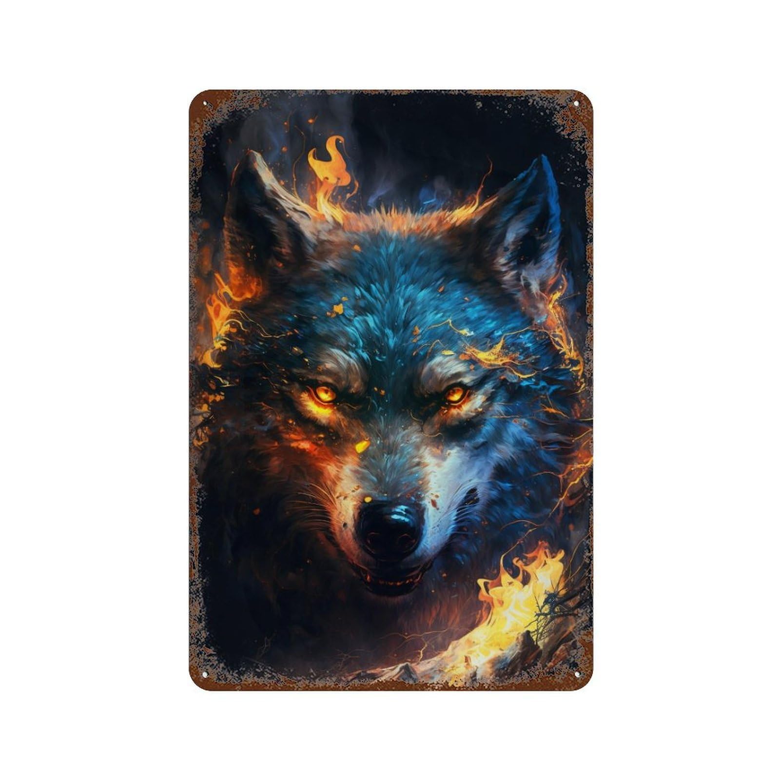 Flaming Wolf Fantasy Artwork -1 Rust Effect Tin Sign 11.8"x7.9", Decorative Metal Wall Art for Living Room, Hallway And Home Decor