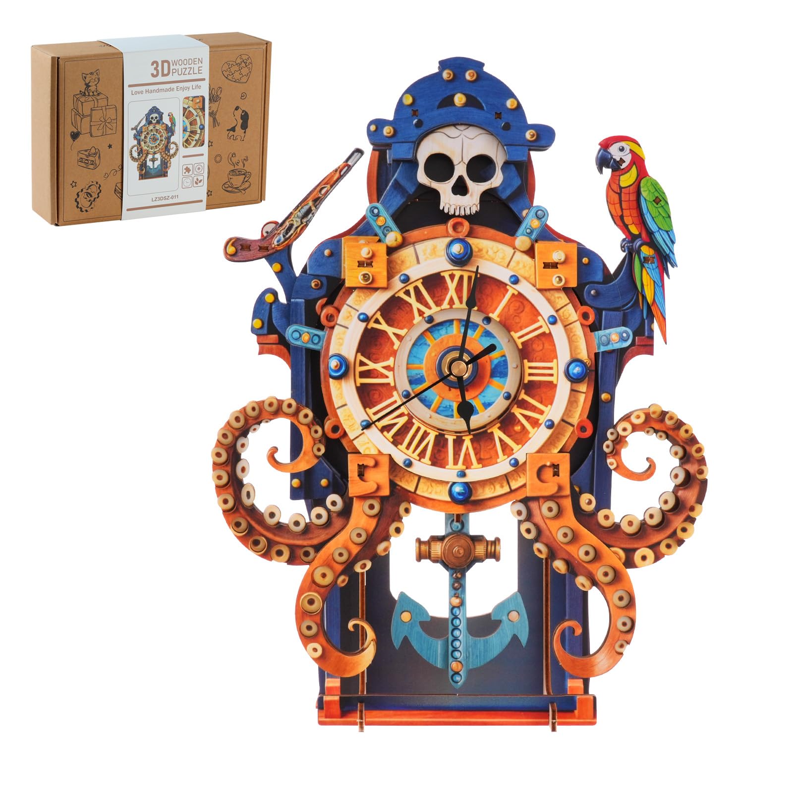 3D Wooden Puzzles for Adults Octopus Sea Monster Clock Kit with Pendulum | Beginner 38 Pieces Octopus Sea Monster 3D Wooden Puzzles DIY Crafts for Office Wall Decor Anniversary Birthday Christmas Gift
