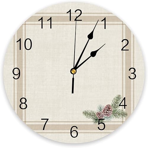 Reloj de pared de 12 pulgadas, silencioso sin tictac, funciona con pilas, conos de pino retro de granja de Navidad con esfera de números redondos