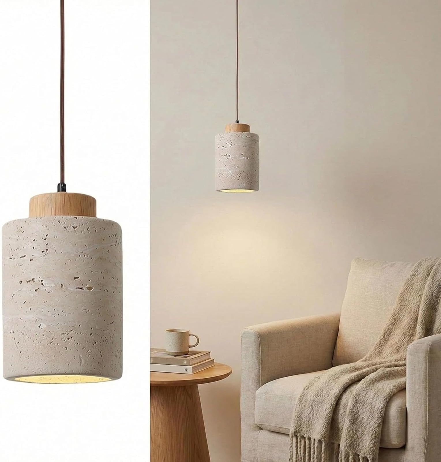 LYMSXAZOU Chandelier Ceiling Light, Natural Stone Cylinder Pendant Lights for Kitchen Island & Dining Room, Nordic Travertine Hanging Light with Wood Accents, Small E27 (Nature 1 Item,10X17CM)