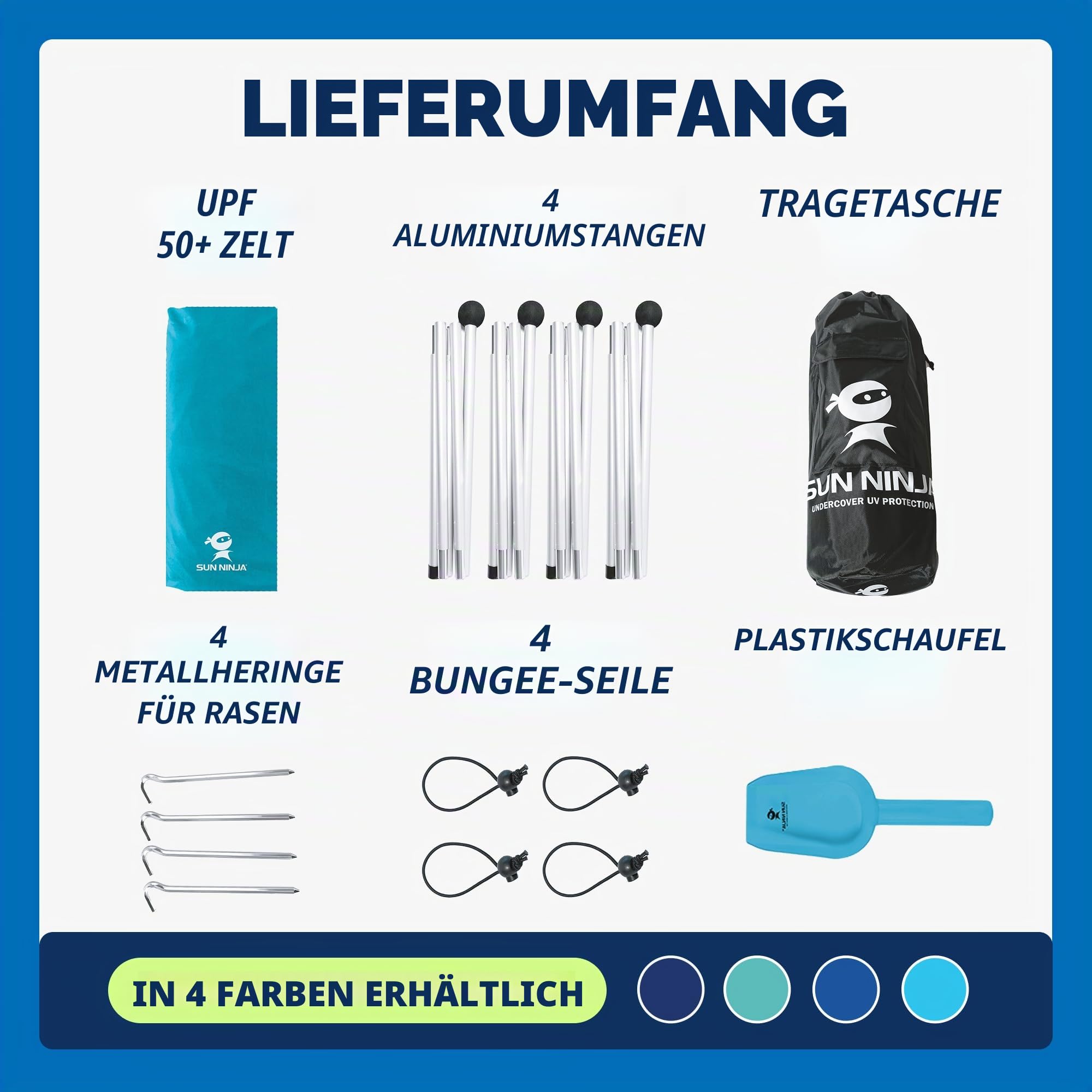SUN NINJA Strandzelt, Sonnensegel LSF 50+, mit Sandschaufel, Heringen und Stabilitätsstangen, Schattensegel für draußen für Campingausflüge, Angeln, Spaß im Garten oder Picknicks