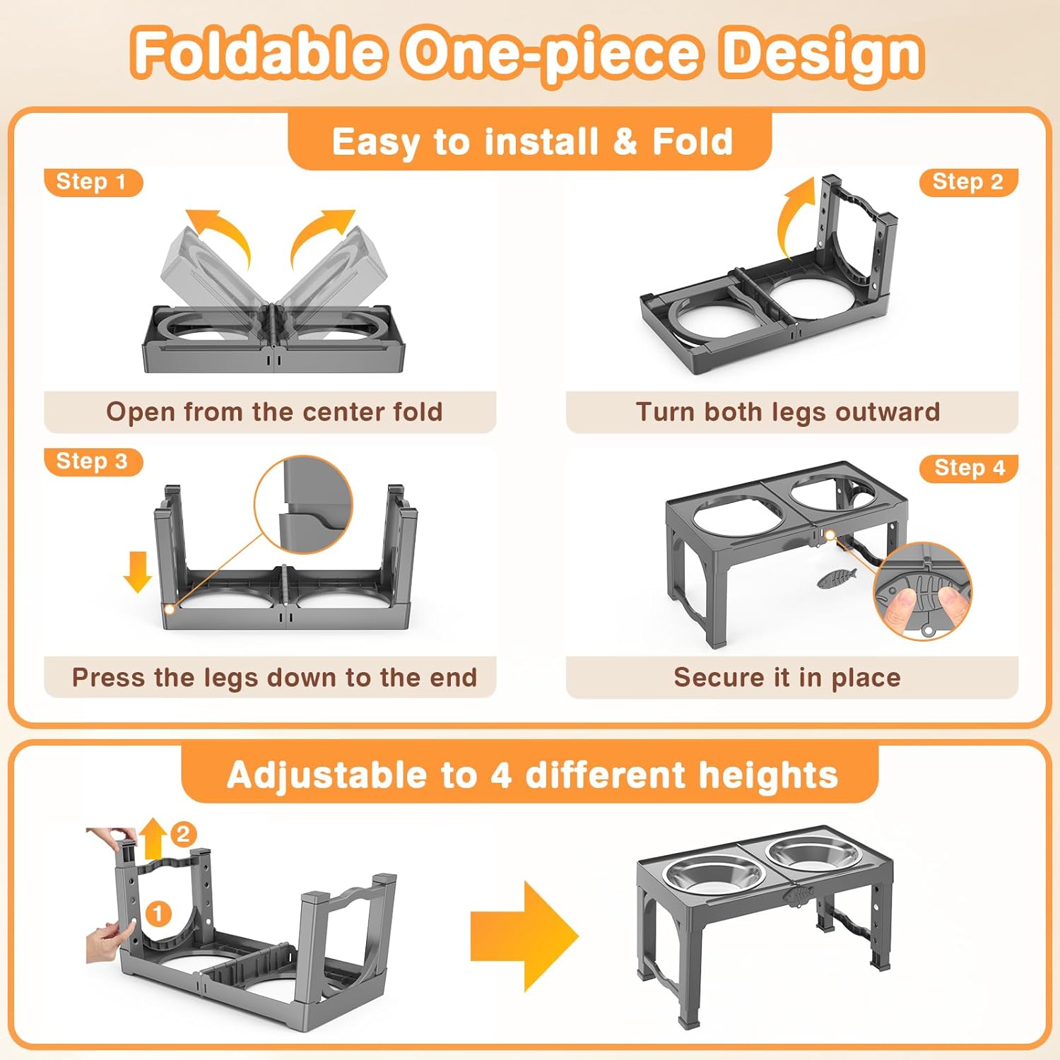 Elevated Dog Bowls Stand with 5 Heights from 3.8" to 13.4", Raised Dog Bowl Suitable for Medium & Large Sized Dogs, Adjustable Pet Food Stand with 2 Stainless Steel Bowls, Foldable Feeder (Grey)